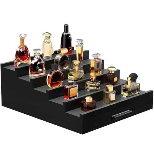 Zalida Wooden Cologne Organizer for Men 5 Tier of Perfume Display Holder of Drawer & 2 Hidden Compartments Larger Storage Space Mens Perfume Organizer Shelf Stand ,Gift for Man (5T-Black)