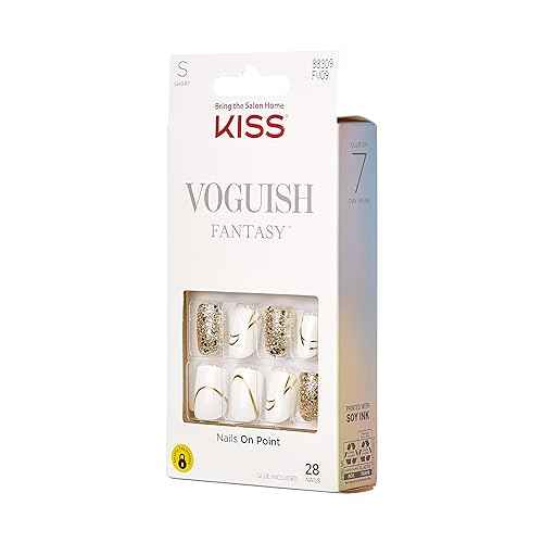 KISS Voguish Fantasy, Press On Nails, Nail glue included, 'Glam and Glow', White, Short Size, Squoval Shape, Includes 28 Nails, 2g glue, 1 Manicure Stick, 1 Mini File