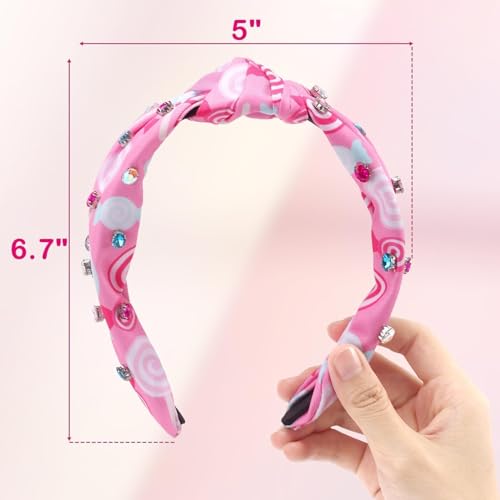 CiyvoLyeen Candy Land Headband for Women Ribbon Knotted Lollipop Jeweled Rhinestones Hairband Headband Fashion Hair Accessories for Women Valentine's Day Gift