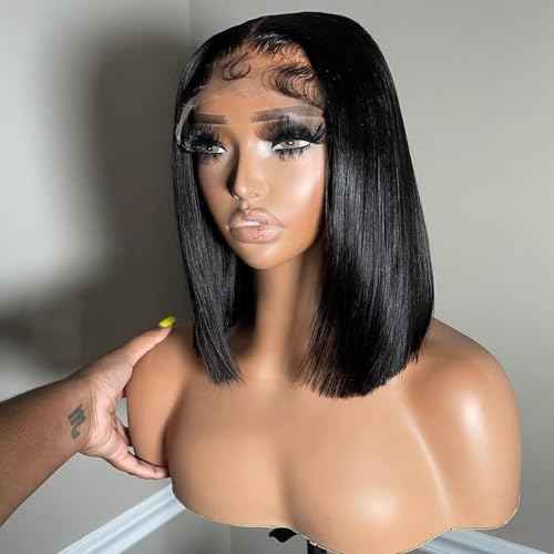 Bob Wig Human Hair 10inch Straight Bob Wig 100% Brazilian Human Hair,13x4 HD Bob Lace Front Wigs Human Hair Natural Black Bob Wigs Human Hair Pre Cut 12A Double Drawn Bob Wig 220 Density