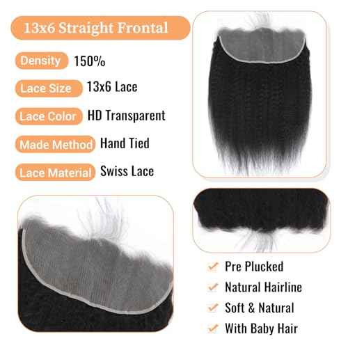 HD Lace Frontal 13x6 Transparent Lace Ear to Ear 20 Inch Kinky Straight Frontal Human Hair 100% Unprocessed Virgin Lace Closure Human Hair Pre Plucked with Baby Hair 150% Density
