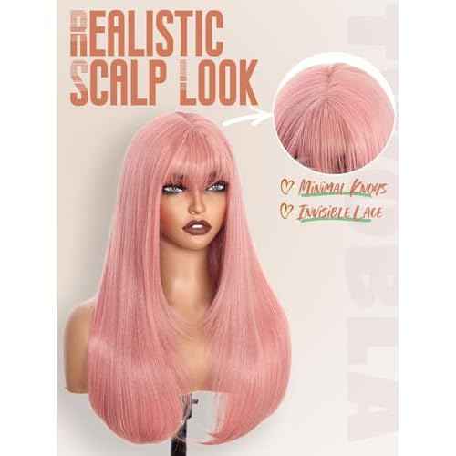 Pink Glueless Lace Front Wig For Women | 26 Inch Long Straight Layered Synthetic Wig With Curtain Bangs | Heat Resistant, Wear & Go, No Glue Needed | Cosplay & Daily Use
