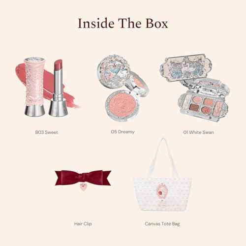 Flower Knows Swan Ballet 5-Piece Makeup Set,Shine Lipstick(B03) + Powder Blush(05) + Eyeshadow(01) + Canvas Tote Bag + Hair Clip,Gift for Girls & Women