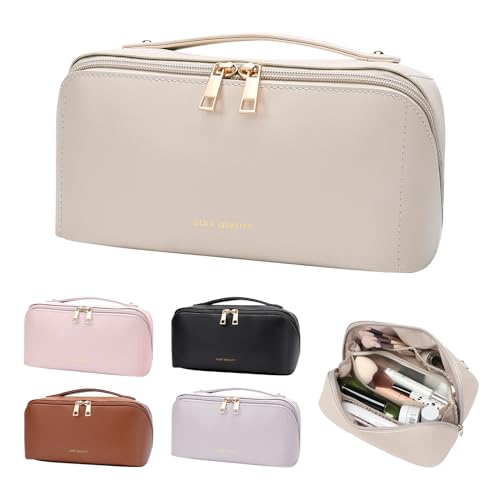 GOLF QUALITY Makeup Bag,White PU Large Travel Cosmetic Bag Pouch with Zipper,Water-resistent Cute Toiletry Bag with compartments Open Flat Make Up Organizer Case for Toiletries, Brushes