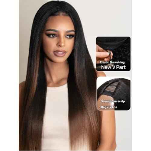 UNICE V Part Wigs Human Hair Yaki Straight Clip in Vpart Glueless Human Hair Wig No Sew in No Glue Ombre Chestnut Brown Beginner Friendly 150% Density 18 inch