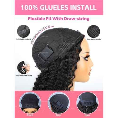 Curlyme Half Wig Human Hair Flip Over Kinky Straight Drawstring Human Hair No Lace Glueless Invisible Hairline Beginner Friendly Wear Go Wig For Women Clip In 195% Density 20 Inch