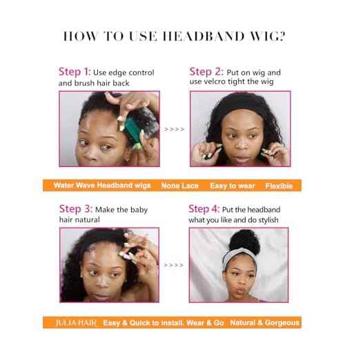 Julia Hair 12A Headband Human Hair Wigs Water Wave None Lace Front Glueless Wig With Pre-attached Scarf for Black Women Curly Deep Wave Put and Go Wig Natural Beginner-Friendly 18 Inch