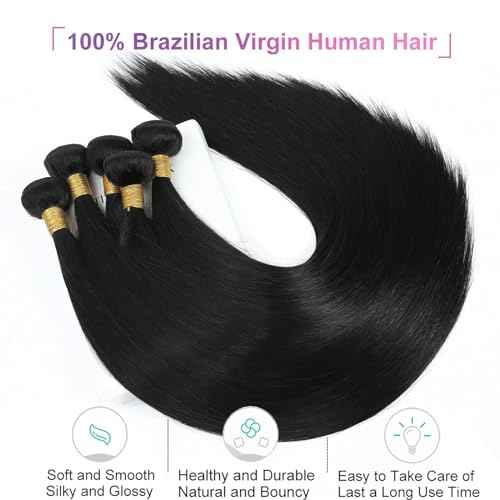 Straight Bundles Human Hair 36 inch 100% Unprocessed Brazilian Straight Hair Bundles 12A Remy Virgin Retain the Intact Cuticle, Long Lifespan