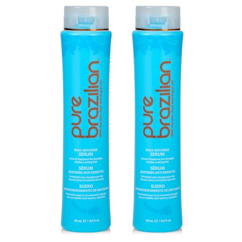 Pure Brazilian Anti-Frizz Daily Leave-In Serum, Strengthening Hair Treatment, Fortifies & Protects Hair From Heat & UVA/UVB, Pack of 2, 13.5 Ounce (400 Milliliter)