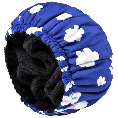 Shower Cap for Women Terry Lined Bath Cap Large Reusable Waterproof Elastic Band Blue Shower Caps for Long Thick Hair Soft Bath Shower Hair Caps