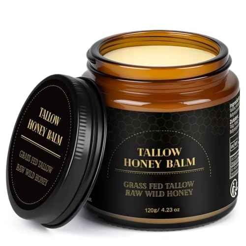 IIIMEIDU Beef Tallow for Skin, Tallow and Honey Balm for Face Moisturizer Balm, 100% Natural Organic Grass-Fed Beef, Honey, Vitamin E Oil for Body & Face (4.2 Oz, honey/balm)