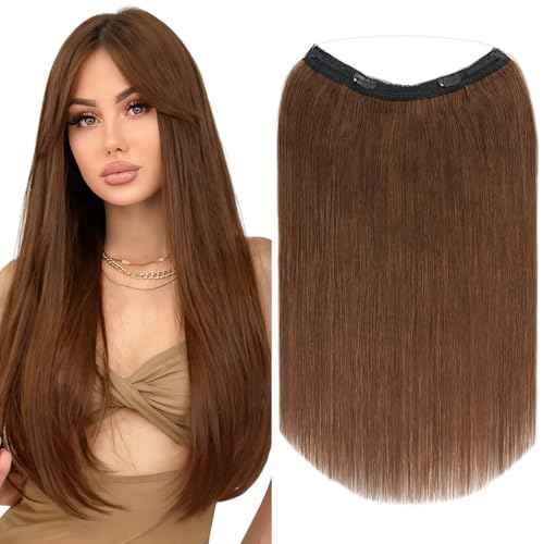 Elailite Halo Hair Extensions Real Human Hair for Women Medium Brown Clip in Remy Hairpiece with Adjustable Invisible Wire 14 Inch 60G