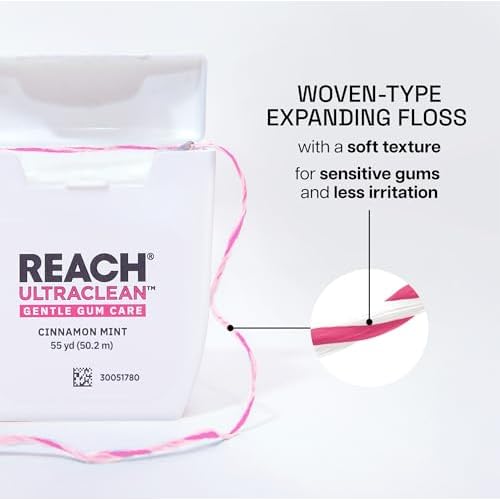 REACH ULTRACLEAN Gentle Gum Care Expanding Floss ? Woven, Non-Waxed, PFAS-Free with Vitamin E, for Sensitive Gums, Cinnamon Mint 55YD (3-Pack)