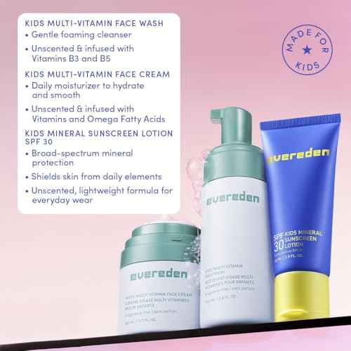 Evereden Daily 1-2-3 Routine: Clean, Vegan Skin Care Set for Kids, Hydrating, Nourishing Skincare Set with Multi-Vitamin Fragrance-Free Face Wash & Fragrance-Free Face Cream & SPF 30 Mineral Sunscreen