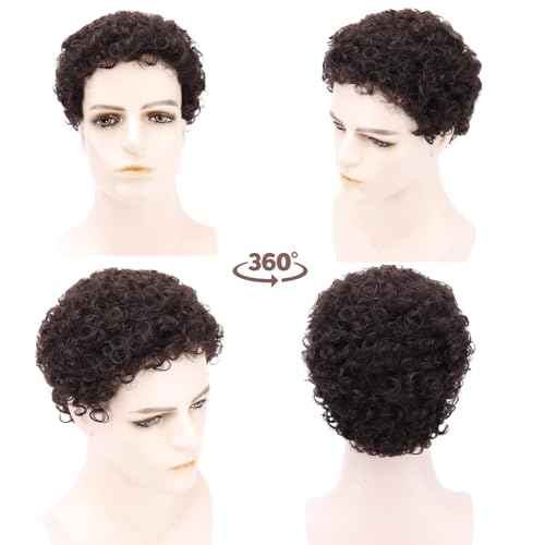 Men's Full Head Wig with Real Hair, Curly Wig, Short Curly Hair, Fluffy and Realistic Curly Strands, Thin Skin, Daily and Party Men's Wig (dark brown)