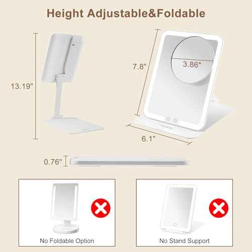 Lighted Travel Mirror with Rechargeable Light, Adjustable Stand & 3 Light Colors