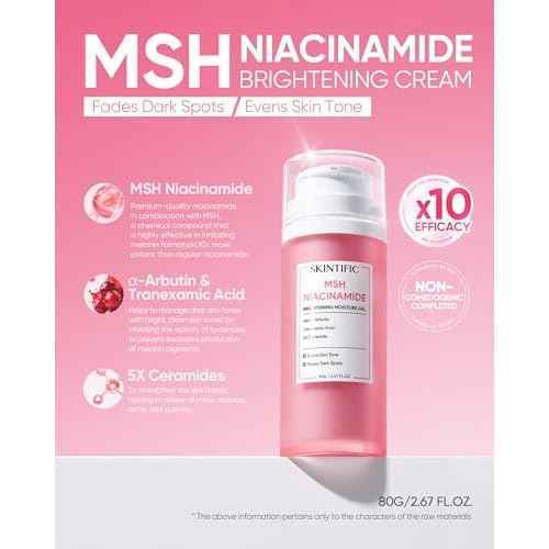 MSH Niacinamide Brightening Cream,Fades Dark Spots, Evens Skin Tone, Tranexamic Acid, ¥á-Arbutin, 5X Ceramides, Centella Asiatica, Suitable for Oil skin, 2.67 oz / 80g