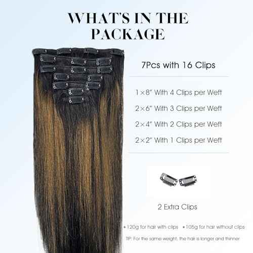 SIYUSI Clip in Hair Extensions Real Human Hair, 100% Brazilian Remy Human Hair Clip Ins, Invisible & Scalp-Friendly, Natural Black Mixed Chestnut Brown,7Pcs 4.23oz, 22 Inch
