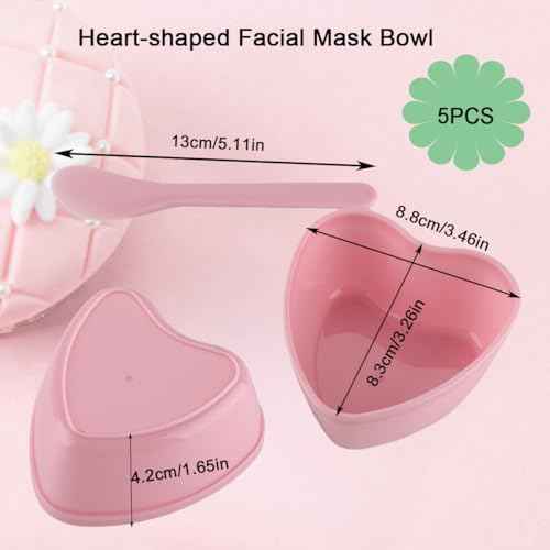 5 Pairs Pink Heart-shaped Plastic Facial Mask Mixing Bowls Set with Spatulas - DIY Skincare Mixing Tool Kit, Mud Masks, Home Salon, and Beauty Salon Use, Face Mask Applicator Tool(5Pcs)