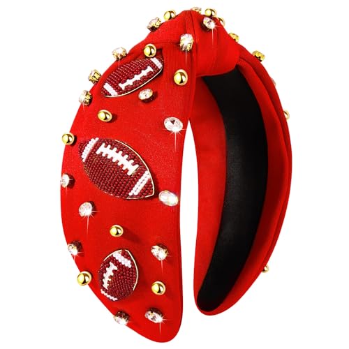 CEALXHENY Football Headband for Women Football Accessories Beaded Football Rhinestone Crystal Knotted Headband Jeweled Embellished Game Day Top Knot Headband Football Mom Hair Accessories (B-Red)