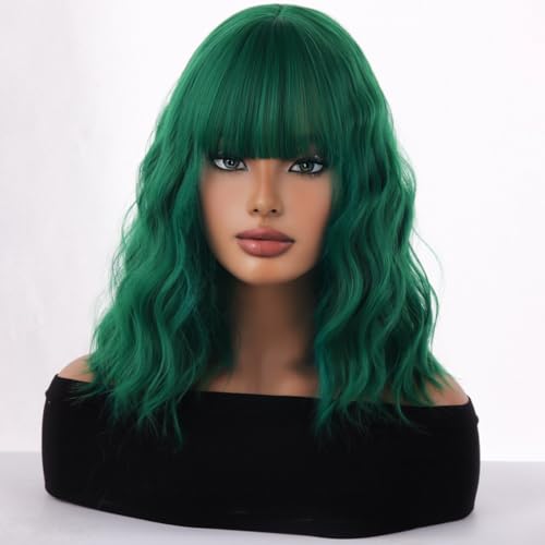 WTHCOS Green Wig Short Bob Wig Short Curly Wavy Wig With Bangs for Women Green Wig Heat Resistant Synthetic Hair Wigs for Daily Use Cosplay Wig With Wig Cap