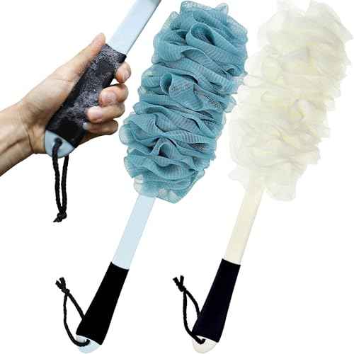 2Pack Back Scrubber for Shower, Loofah with Handle, Back Loofah Non-Slip Handle, Bath Body Brush, Scrub Cleaning Brush for Shower, Soft Mesh Sponge On a Stick for Men Women Elderly (Blue and White)