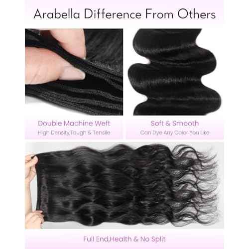 Arabella 3 Body Wave Bundles Human Hair 16 18 20 Inch Natural Black Bundles 100% Unprocessed Brazilian Virgin 10A Weave Sew in Double Weft Human Hair Bundles