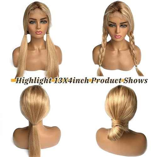 Smavida Highlight Blonde Lace Front Wigs Human Hair Ombre 13x4 Transparent Honey Blonde Glueless Lace Frontal Wig 100% Brazilian Remy Human Hair for White Women 16" (Can Be Curled)