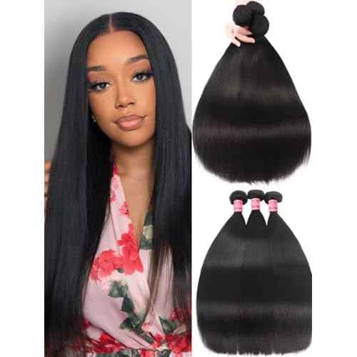 YIROO Yaki Straight Human Hair Weave 3 Bundles 12A Kinky Straight Double Wefts for Women Unprocessed Real Virgin Hair Sew In Human Hair Extensions Cllip In Light Yaki Natural Black Color 10 12 14Inch