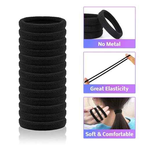 100PCS Black Soft Seamless Cotton Hair Ties for Women and Girls, Thick/Thin Hair Ponytail Holders, No Crease No Damage Elastics (1.6 Inch Diameter)