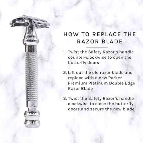 Parker 99R Chrome Long Handle Heavyweight Butterfly Open Double Edge Safety Razor for Men | 5 Parker Premium Platinum Double Edge Razor Blades Included | Iconic Brand