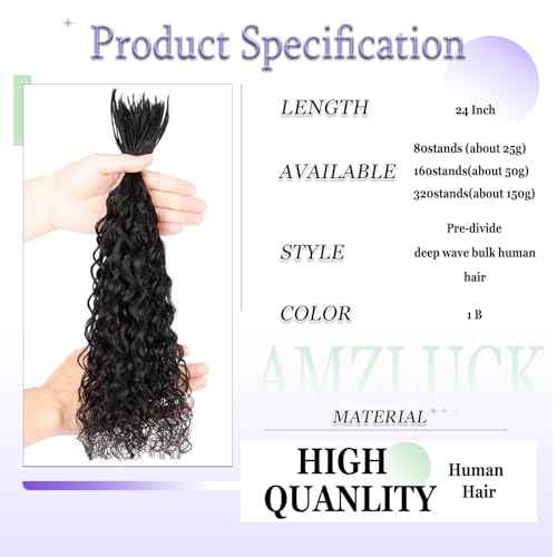 Pre-Divided Human Braiding Hair for Boho Braids Water Deep Wave Human Hair Bulk for Braiding Curly Human Hair for Boho Locs Boho Crochet Braids Human Hair Extensions (1B, 24"-320Strands)