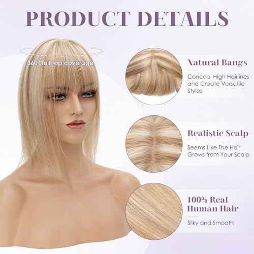 Hair Toppers for Women Real Human Hair 12 Inch Long Straight Toppers for Women with Thinning 7 * 13CM Silk Base Clip in Hairpieces with Bangs (Golden Brown & Bleach Blonde)