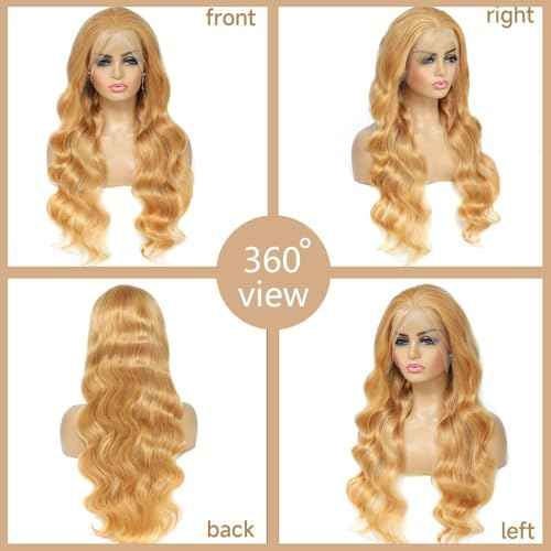 180% Density 13x6 Ash Blonde Lace Frontal Wig Human Hair Honey Blonde Body Wave Lace Frontal Wigs Human Hair 27# Colored Lace Front Wigs For Women Pre Plucked (18inch)