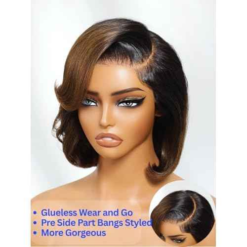 Nadula Glueless Bye Bye Knots Short Bob Drawstring Wig human Hair with Blow Out Bangs, Black to Chestnut Brown Ombre Pre Cut 7X5 HD Lace Front Wigs Pre Plucked Bleached Knots Ready to Wear 10inch