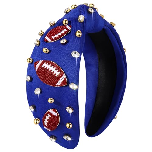 Football Headband for Women Football Accessories Beaded Football Rhinestone Crystal Knotted Headband Jeweled Embellished Game Day Top Knot Headband Football Mom Hair Accessories (B-Navy Blue)