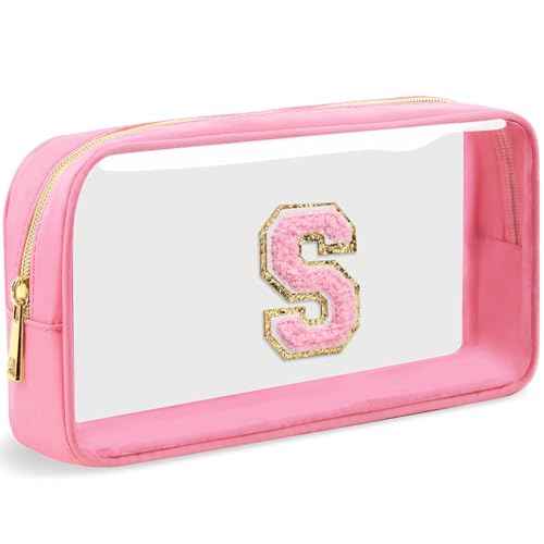 Initial Clear Makeup Bag Small Cosmetic Bag Travel Toiletry Bag Clear Zipper Pouch Purse Organizer Bags for Women (PINK-M, S)