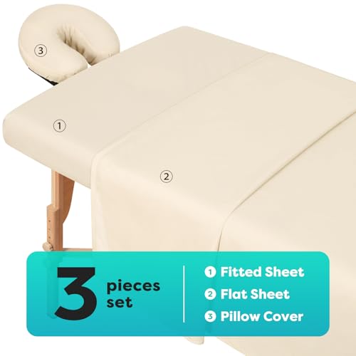 Comfyanno Massage Table Sheets Sets, 3 Pcs Professional Microfiber Massage Bed Cover Sheets, Soft, Light-Weight, Stain & Wrinkle Resistant, Includes Flat & Fitted Sheet, Face Cradle Cover - Natural