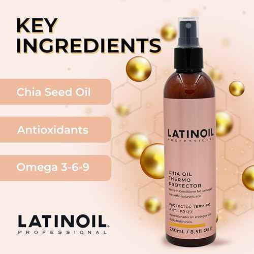 LATINOIL Chia Oil Heat Protectant Spray For Hair - Hair Thermal Protection Shield From Heat - Leave In Conditioner - Anti Frizz Moisturizer (8 Oz)