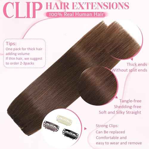 Clip in Hair Extensions Real Human Hair, Seamless Clip ins Real Human Hair for Women, Remy Human Hair Clip in Extensions, Double Weft 8pcs 24 inch Chocolate Brown