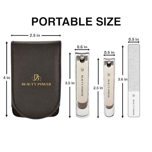 Nail Clippers Set 3 in 1 - Stainless Steel Toe Nail Clippers, Fingernail Clipper, Glass Nail File, Anti Splash, Ergonomic Grip in PU Leather Travel Case for Men & Women (Black Case)