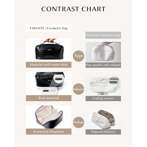 Make Up Bag, Cosmetic Organizer for Women, Waterproof Croc PU Leather Makeup Organizer with Divider and Handle Toiletry Bag Travel Bag (Croc Embossed, Black)