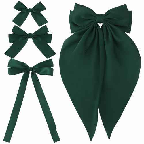Hair Bow Clips for Women Girls, 4 Pcs Green Silky Satin Oversized Long Tail Bow Hair Clips, Alligator Metal Clips, Big Bowknot, Cute Hair Accessories, Christmas Gifts