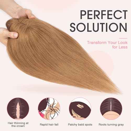 TESS Real Hair Toppers for Women Handmade Lace Base Womens Clip In Hairpieces with Bangs 5 Clips Natural Coverage Soft and Secure 2¡¿6", Light Brown