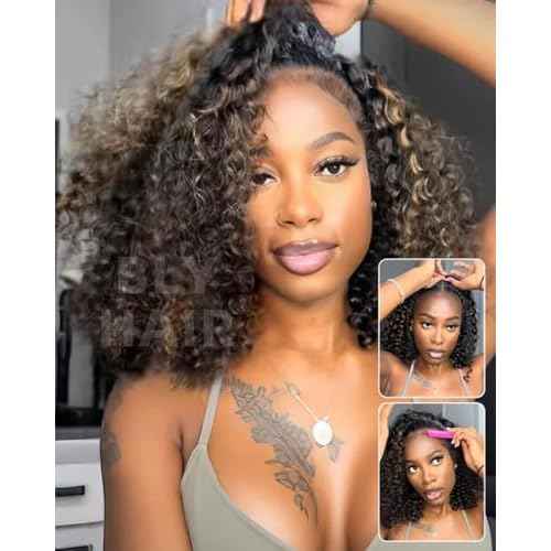 BLY Highlight Water Wave Half Wig Human Hair 3 in 1 Glueless Drawstring Flip Over Wear Go Wig for Women 1B 30 Color 180 Density Short Bob Wigs 12 Inch