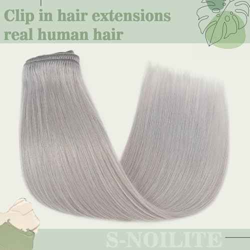Clip in Hair Extensions Human Hair S-noilite Gray Human Hair Hair Clip in Extensions Full Head 8 Pieces/18 Clips 100% Real Human Hair Silky Straight 22"-110g Light Gray (#G1)