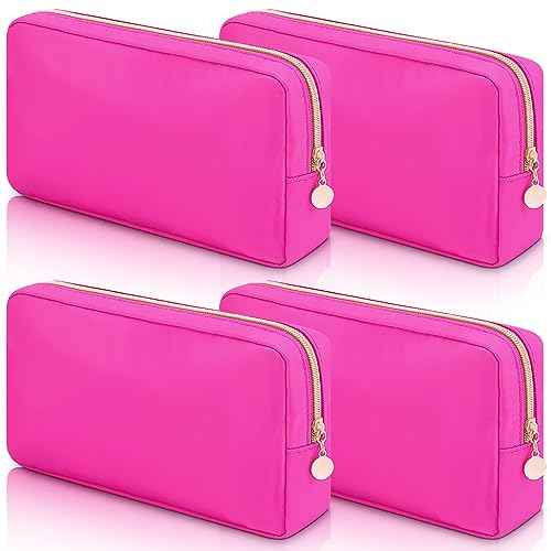 Hushee 4 Pcs Nylon Makeup Bag Preppy Zipper Pouch Waterproof Nylon Toiletry Storage Bag for Women(Small,Hot Pink)