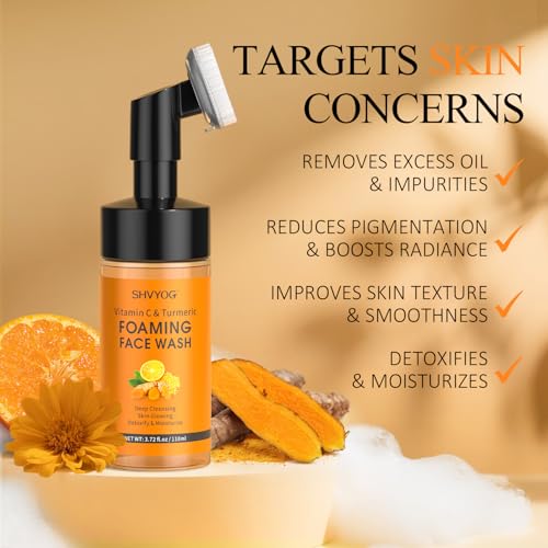 SHVYOG Vitamin C Turmeric Face Wash, Turmeric Foaming Facial Cleanser for Dark Spot, Uneven Skin Tone, Skin Cleansing, Moisturizing, Exfoliating Facial Cleanser with Brush,Unisex