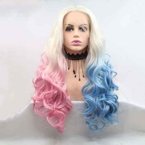 Xiweiya Wig 60# Platinum Blonde Ombre Blue Mixed Pink Lace Front Wig Long Body Wavy 3 Tones Synthetic Lace Front Wig Heat Resistant Fiber Wig for Woman Halloween Harley Quinn Cosplay 24inch