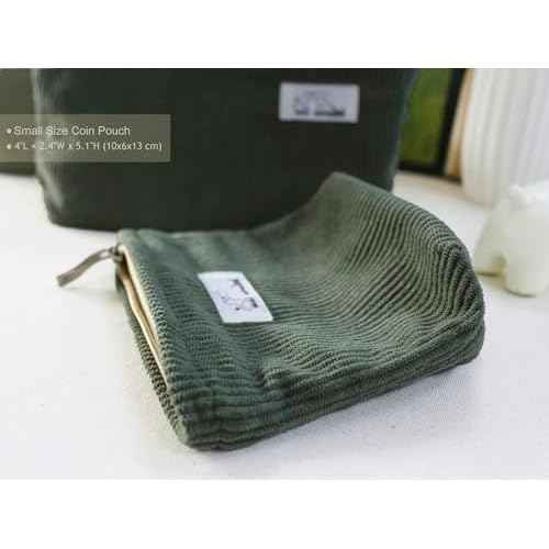 HAPPYHEIDI Corduroy Makeup Bag Set 3 Cosmetic Toiletry Travel Pouch Organizer for Purse Tote, Women Girls Gift, Large Medium Small, Solid Sage Green